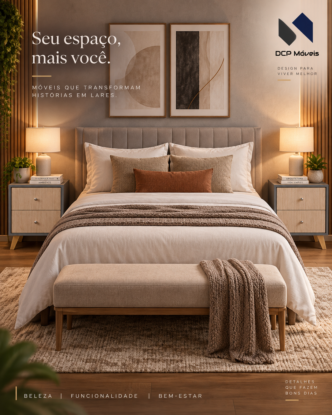 Mesas DCP em quarto — ambientação ilustrativa