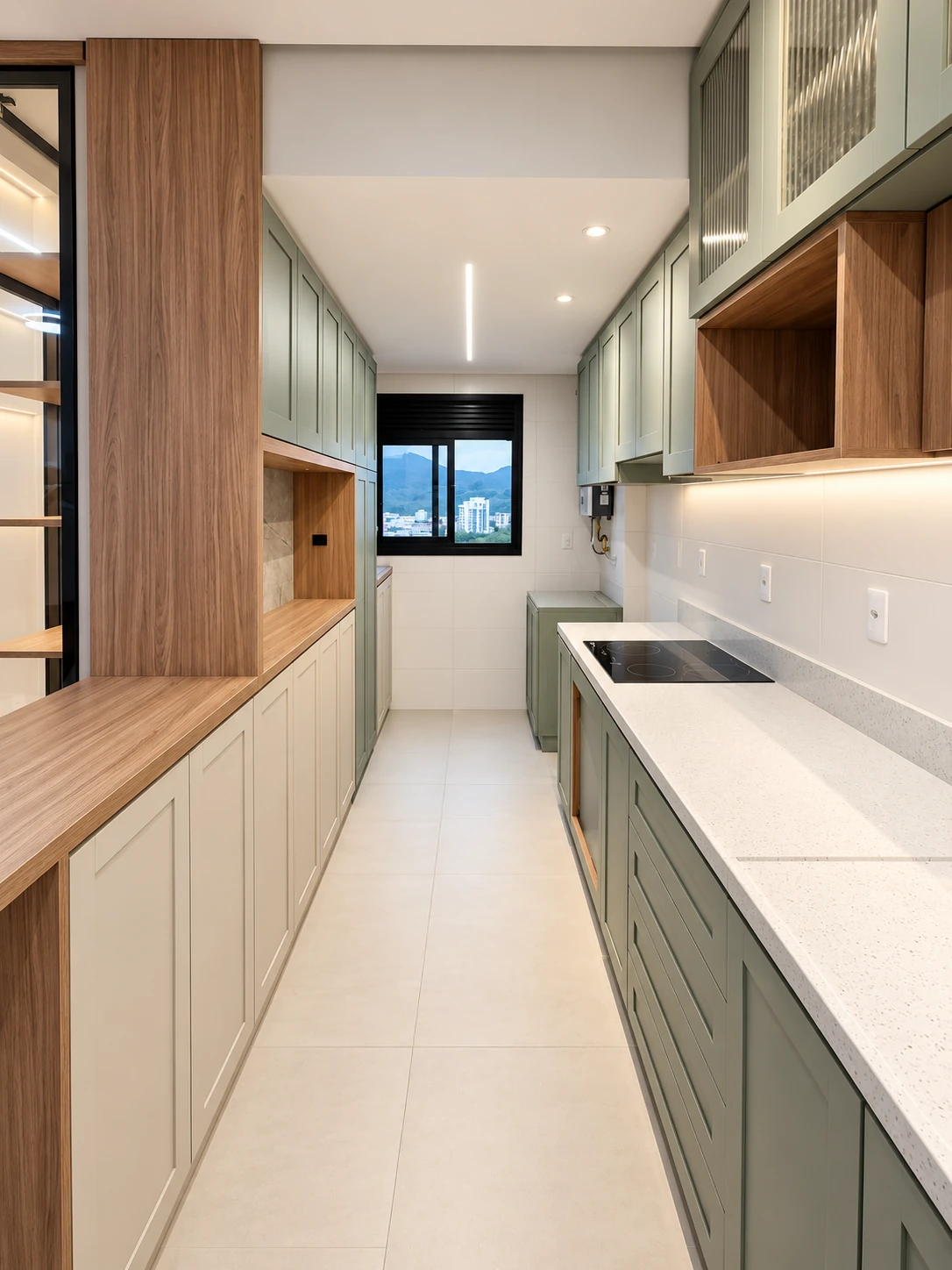 Cozinha integrada com bancada clara — vista 2 — foto fornecida com tratamento visual
