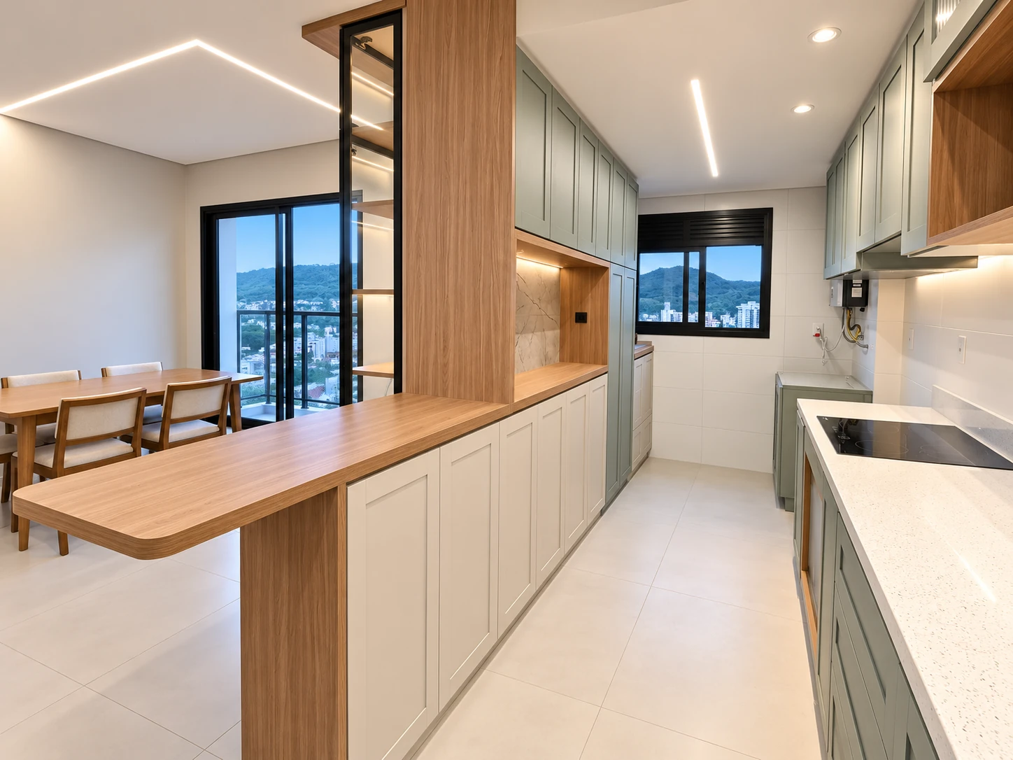 Cozinha integrada com bancada clara — vista 3 — foto fornecida com tratamento visual