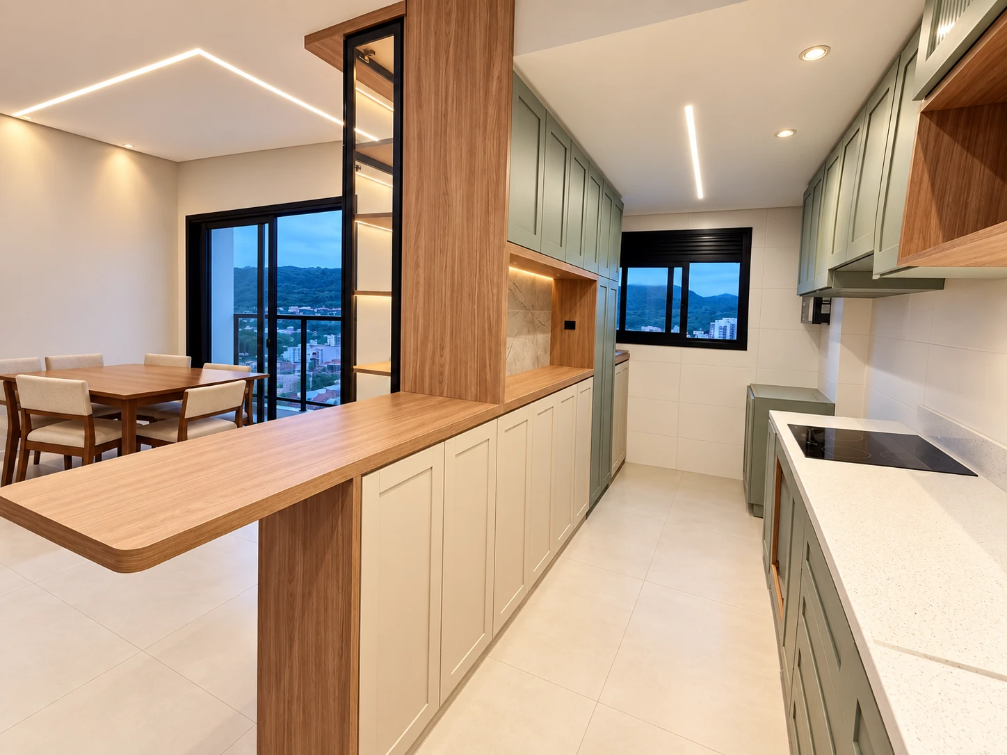 Cozinha integrada com bancada clara — vista 4 — foto fornecida com tratamento visual