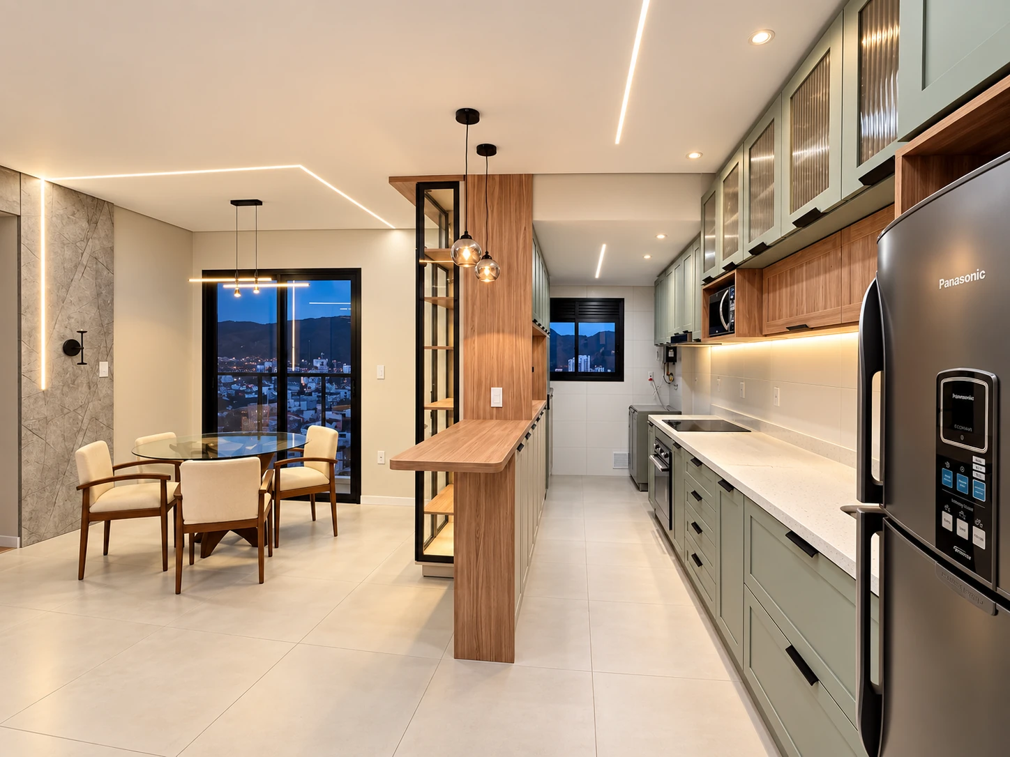 Cozinha integrada com bancada clara — vista 1 — foto fornecida com tratamento visual