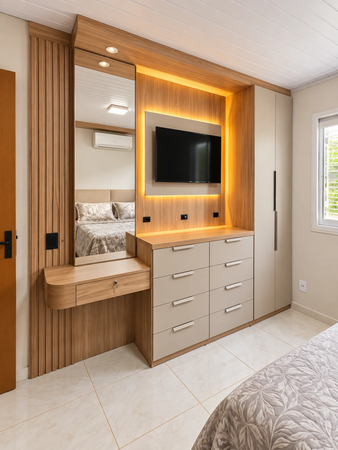 Quarto com painel iluminado — vista 3 — foto fornecida com tratamento visual