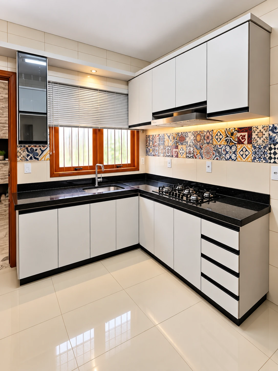 Cozinha branca com bancada escura — vista 1 — foto fornecida com tratamento visual