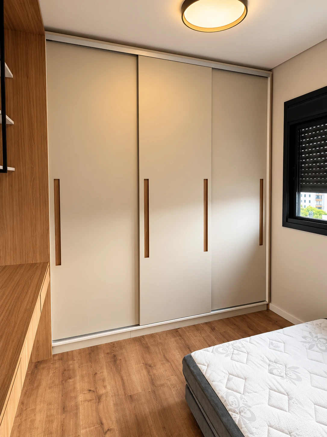 Quarto com armários e bancada — vista 1 — foto fornecida com tratamento visual
