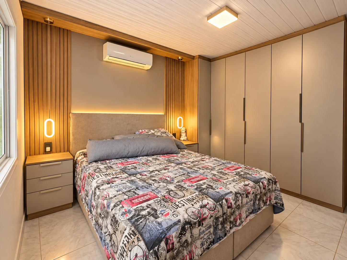 Quarto com painel iluminado — vista 1 — foto fornecida com tratamento visual