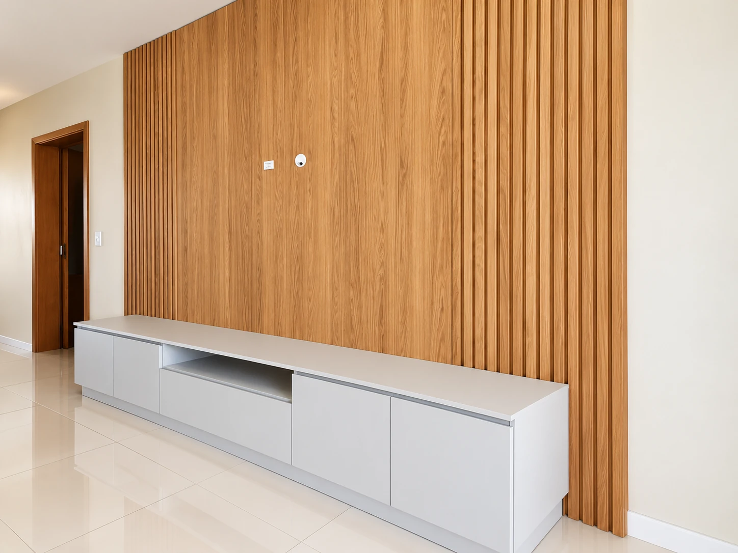 Sala com painel ripado — vista 1 — foto fornecida com tratamento visual