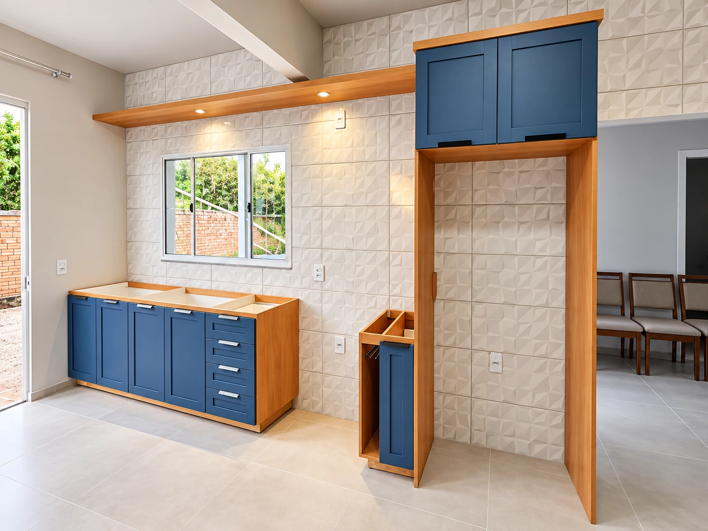 Cozinha em azul e madeira — vista 1 — foto fornecida com tratamento visual